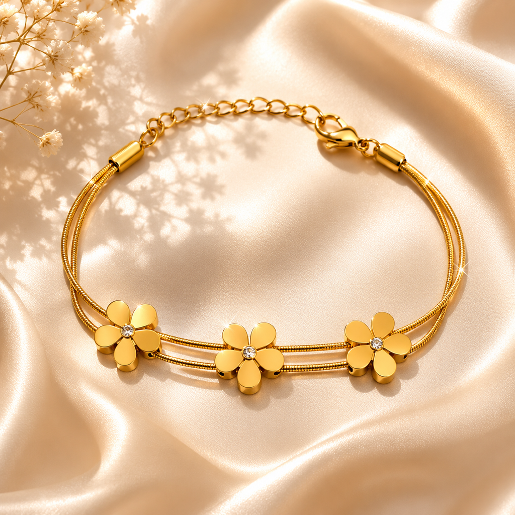 Triple Flower Gold Bracelet – Anti Tarnish Dainty Jewelry