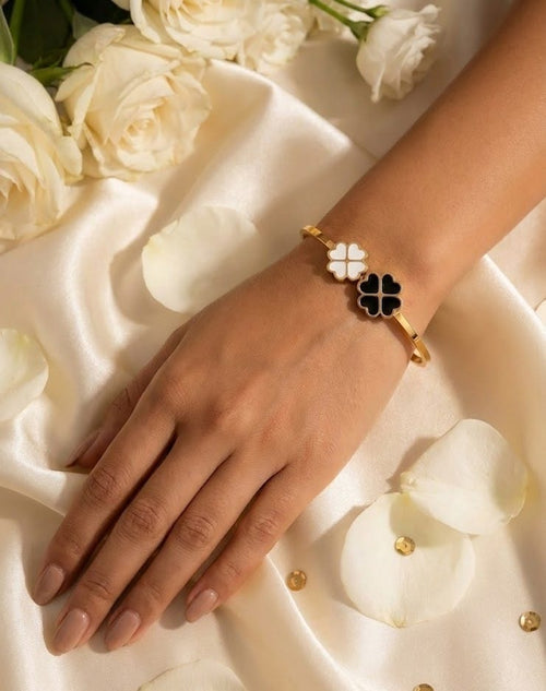 Clover Bangle Gold Anti Tarnish | Black White Open Kada Women