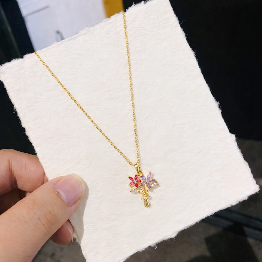 Crystal Bouquet Necklace – Anti Tarnish Floral Pendant for Women