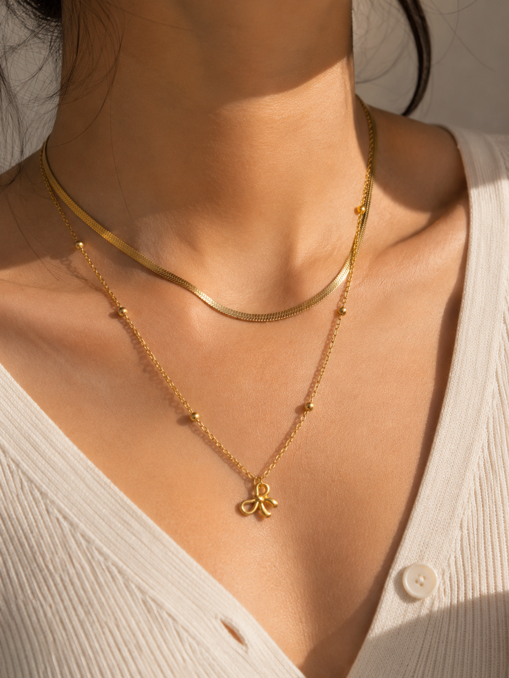 Golden Bow Layered Necklace – Anti Tarnish Dainty Jewelry