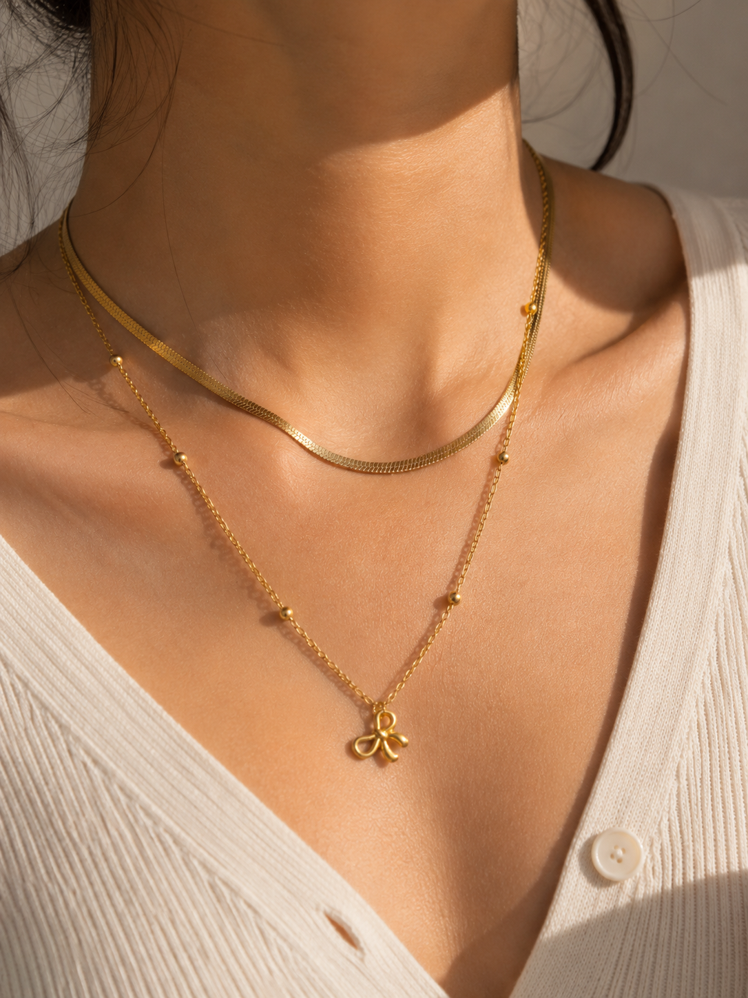 Golden Bow Layered Necklace – Anti Tarnish Dainty Jewelry