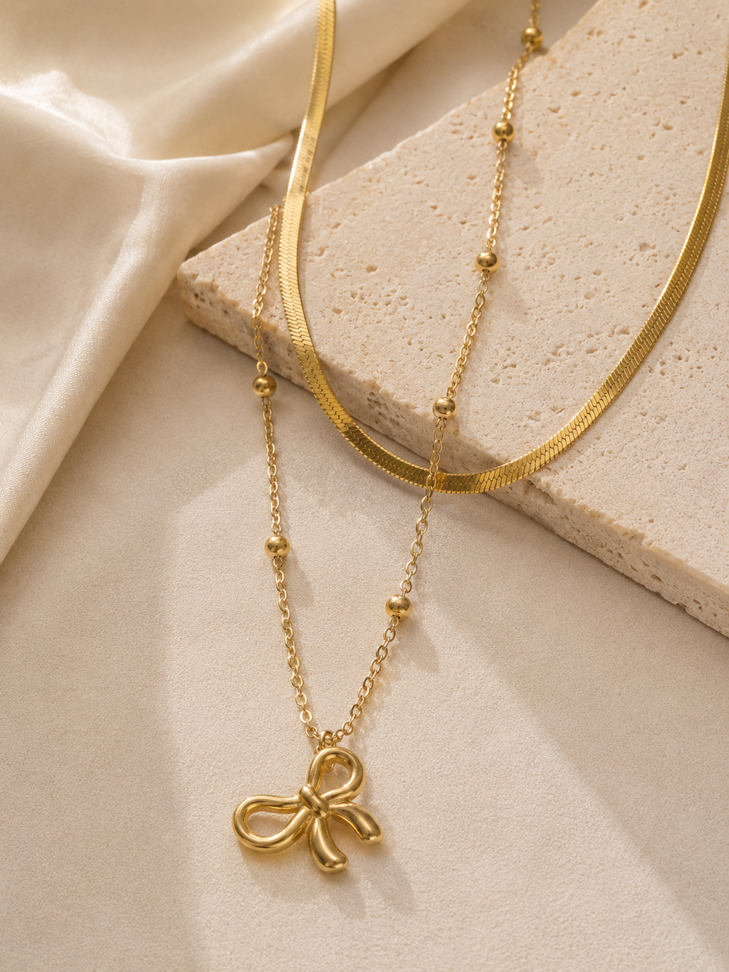 Golden Bow Layered Necklace – Anti Tarnish Dainty Jewelry