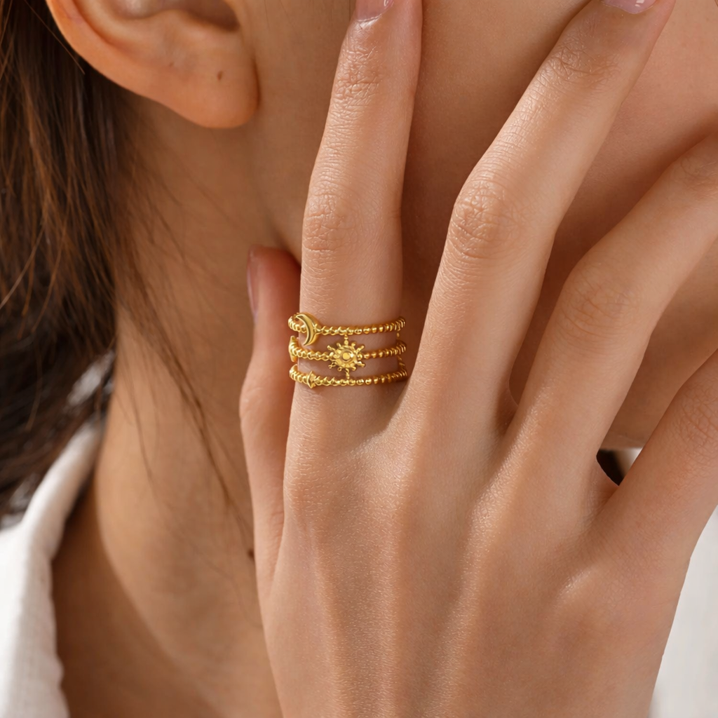 Celestial Moon Star Sun Ring – Anti Tarnish Aesthetic Gold Ring Women