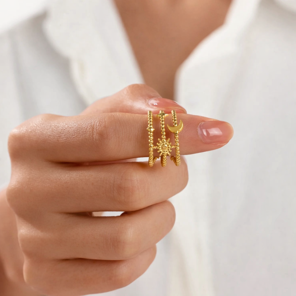 Celestial Moon Star Sun Ring – Anti Tarnish Aesthetic Gold Ring Women