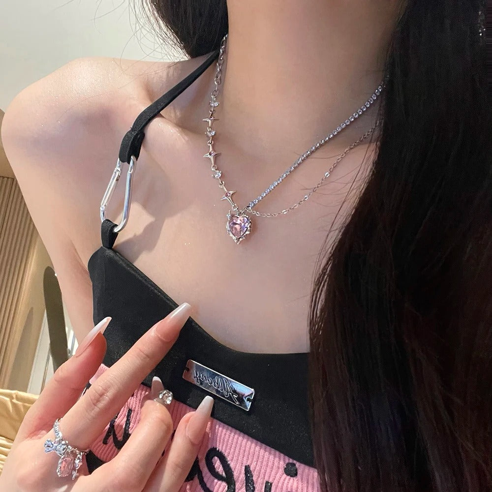 Y2K Crystal Heart Chain Necklace