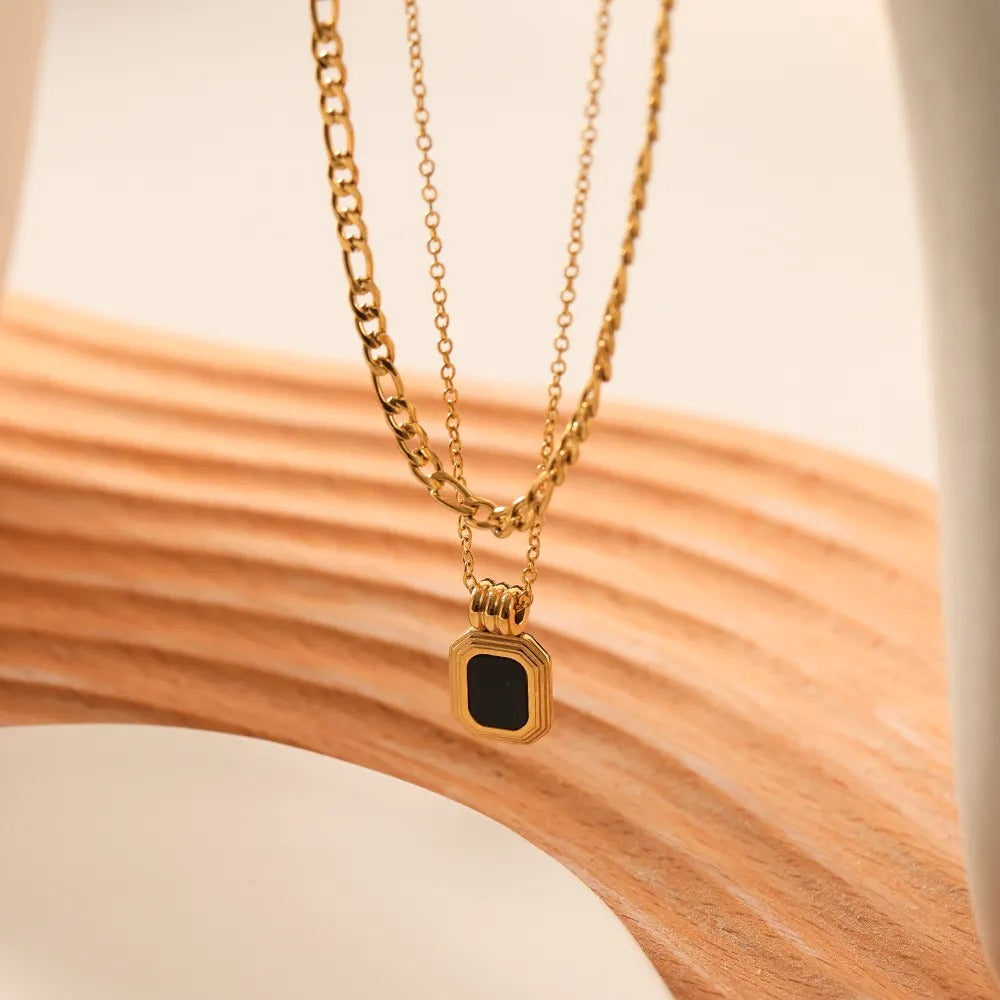 Onyx Layered Pendant Necklace – Anti Tarnish Bold Gold Jewelry Women