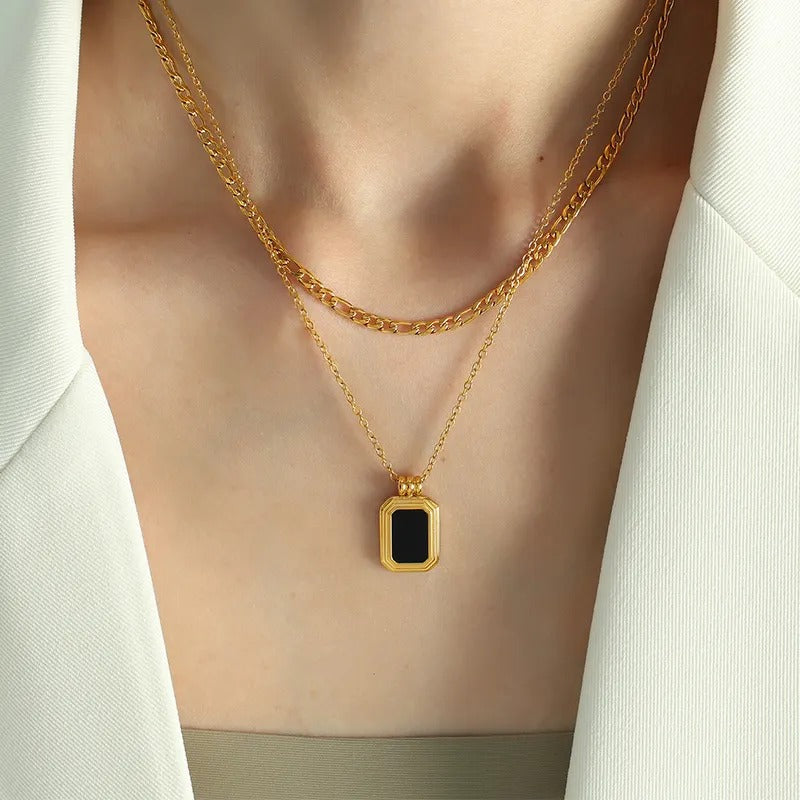 Onyx Layered Pendant Necklace – Anti Tarnish Bold Gold Jewelry Women