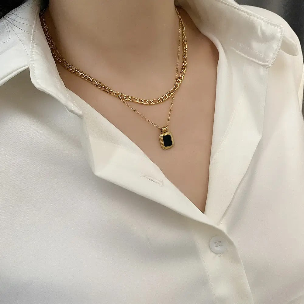 Onyx Layered Pendant Necklace – Anti Tarnish Bold Gold Jewelry Women