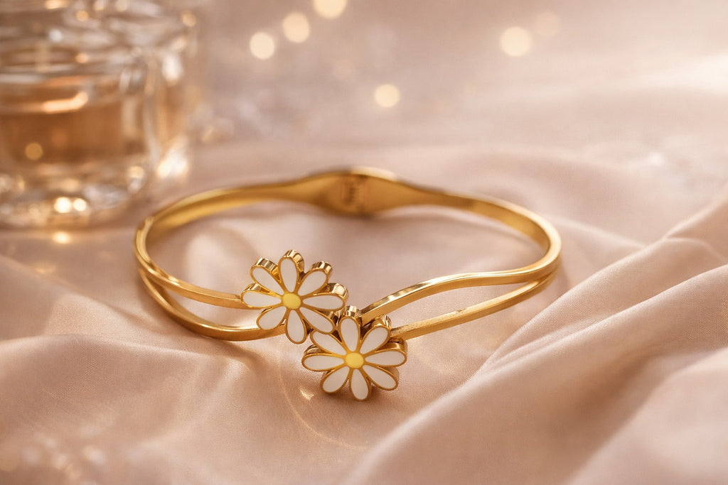 Daisy Bangle Gold Anti Tarnish | Floral Enamel Open Kada Women