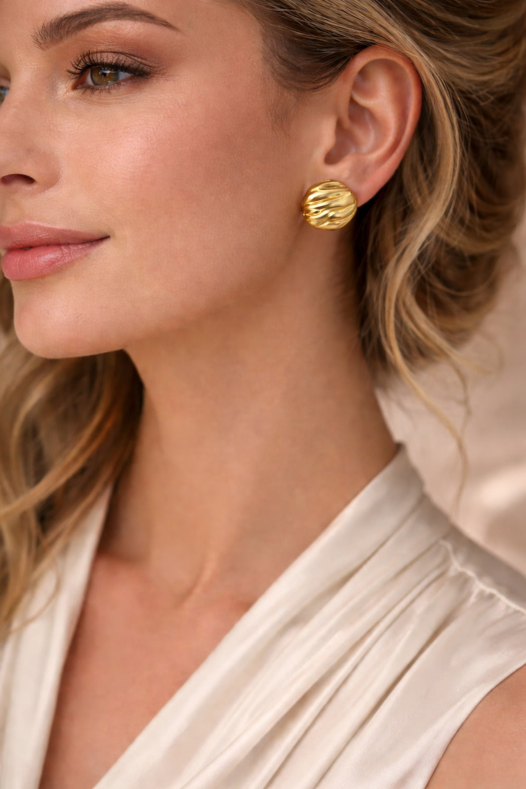 Gold Stud Earrings Anti Tarnish | Textured Wave Minimal Studs