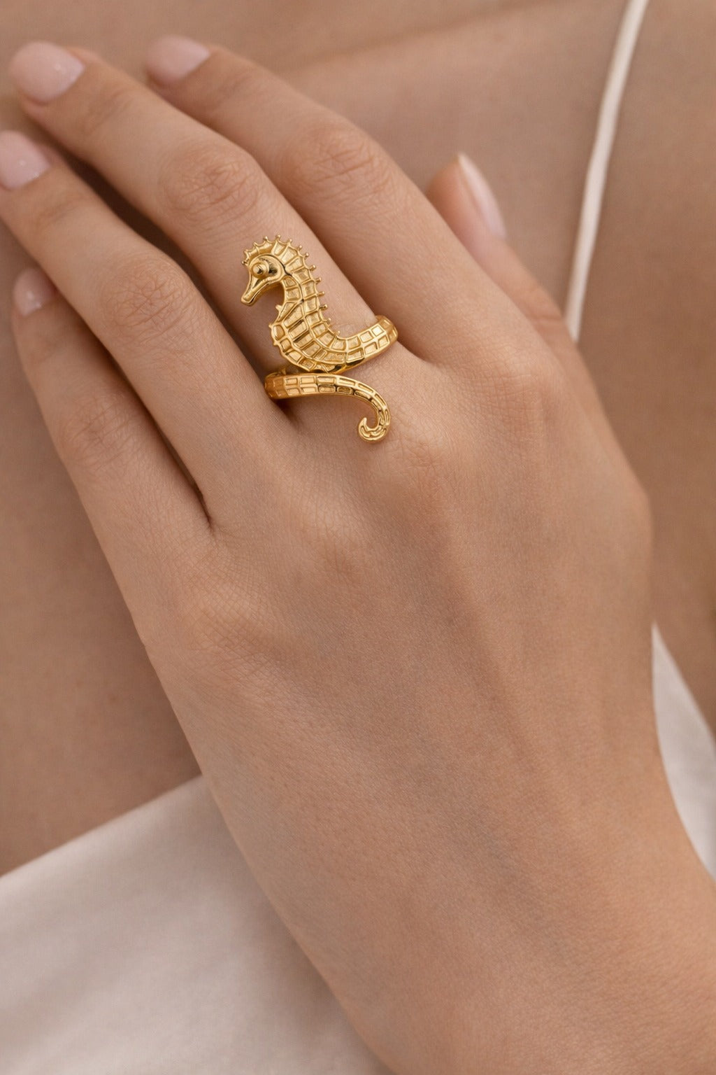 Gold Seahorse Ring Anti Tarnish | Adjustable Ocean Wrap Ring