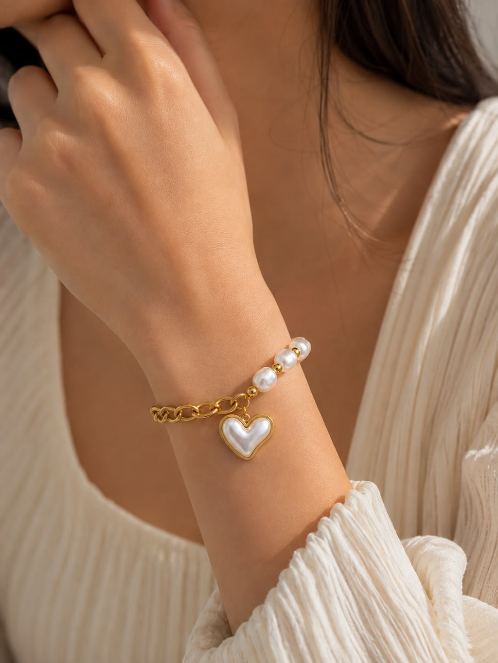 Pearl Heart Charm Bracelet