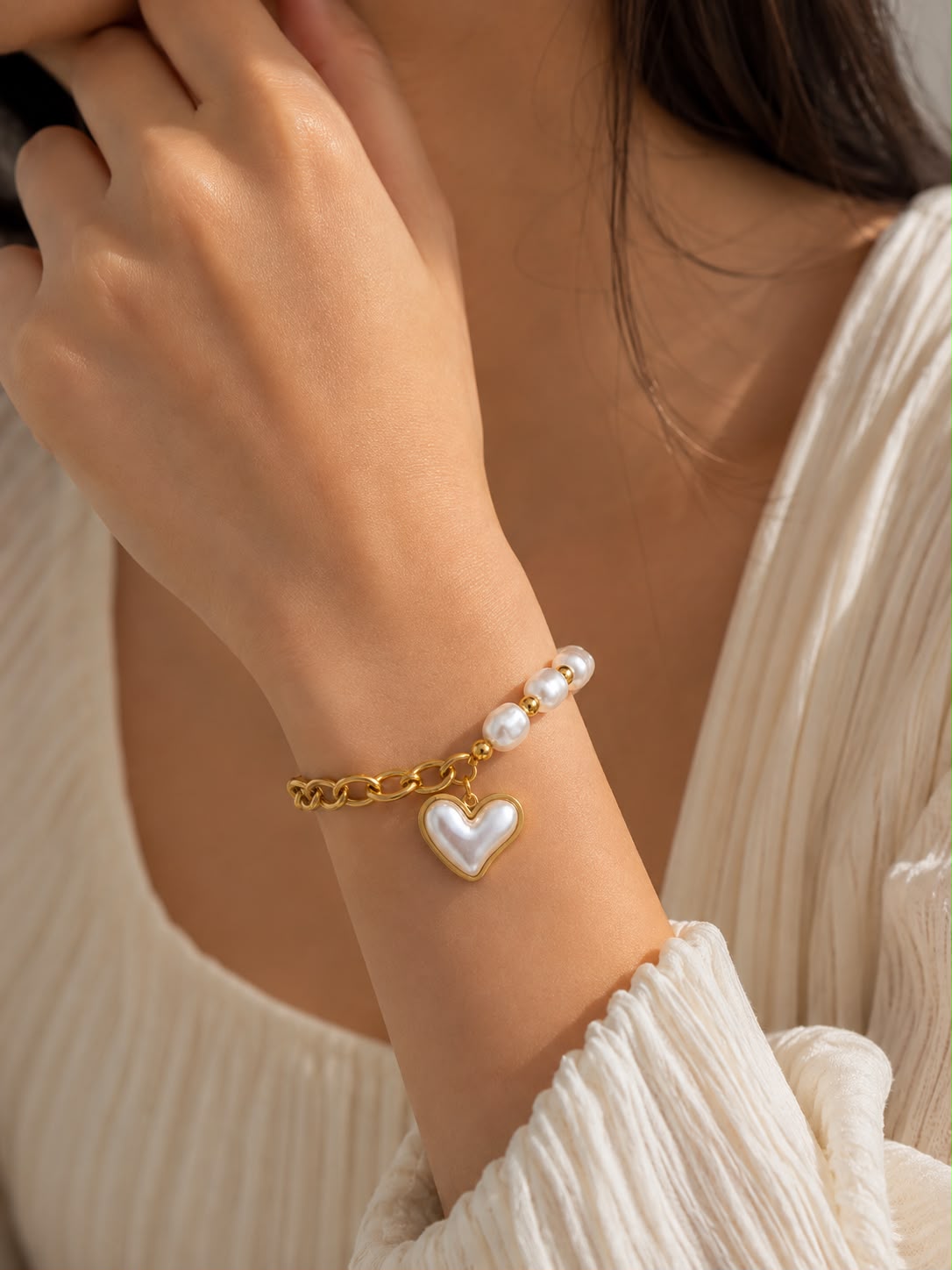 Pearl Heart Charm Bracelet