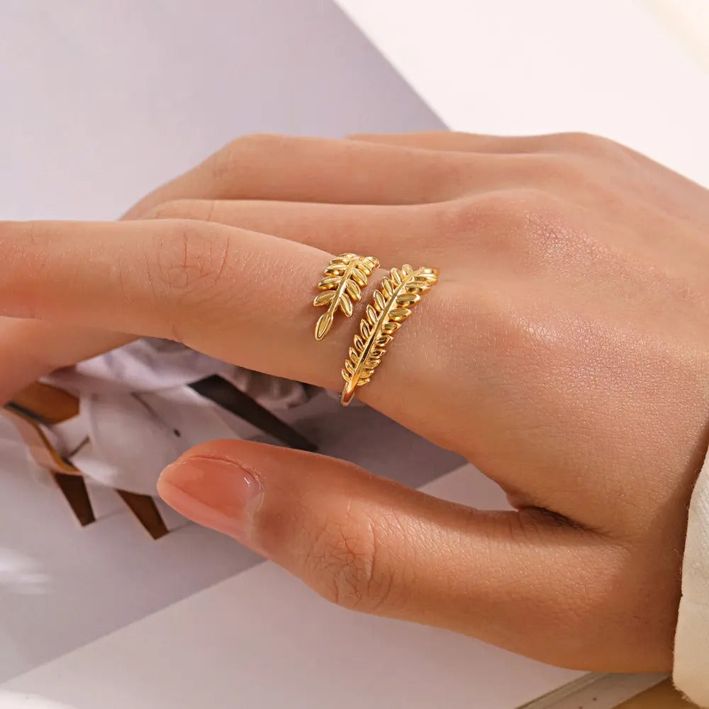 Golden Leaf Wrap Ring – Anti Tarnish Adjustable Statement Ring Women