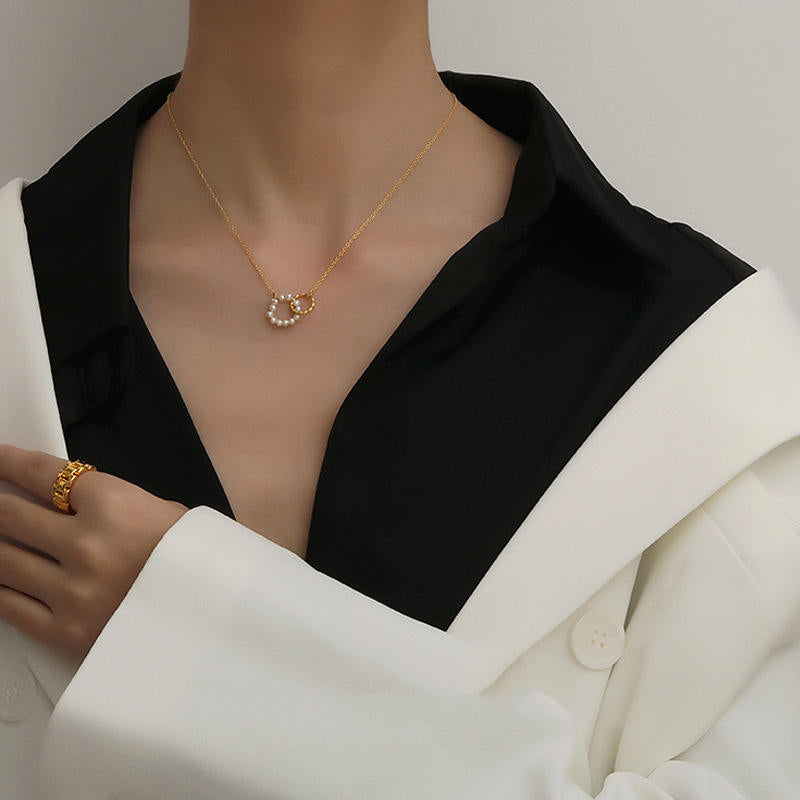 Interlocked Pearl Ring Necklace – Anti Tarnish Minimal Pearl Jewelry