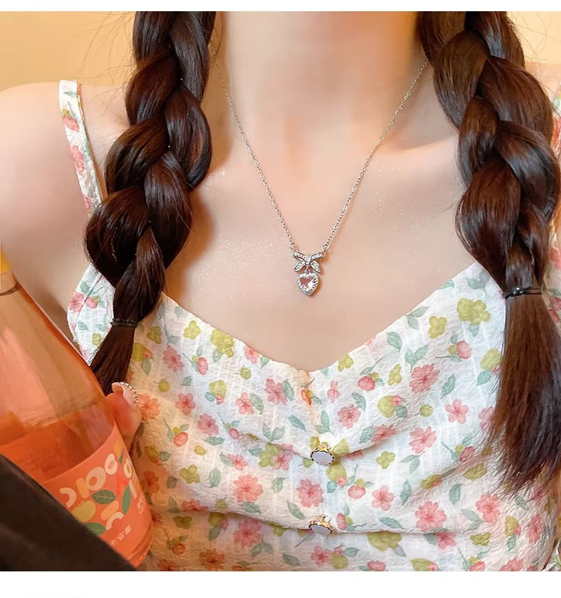 Pink Heart Bow Knot Necklace