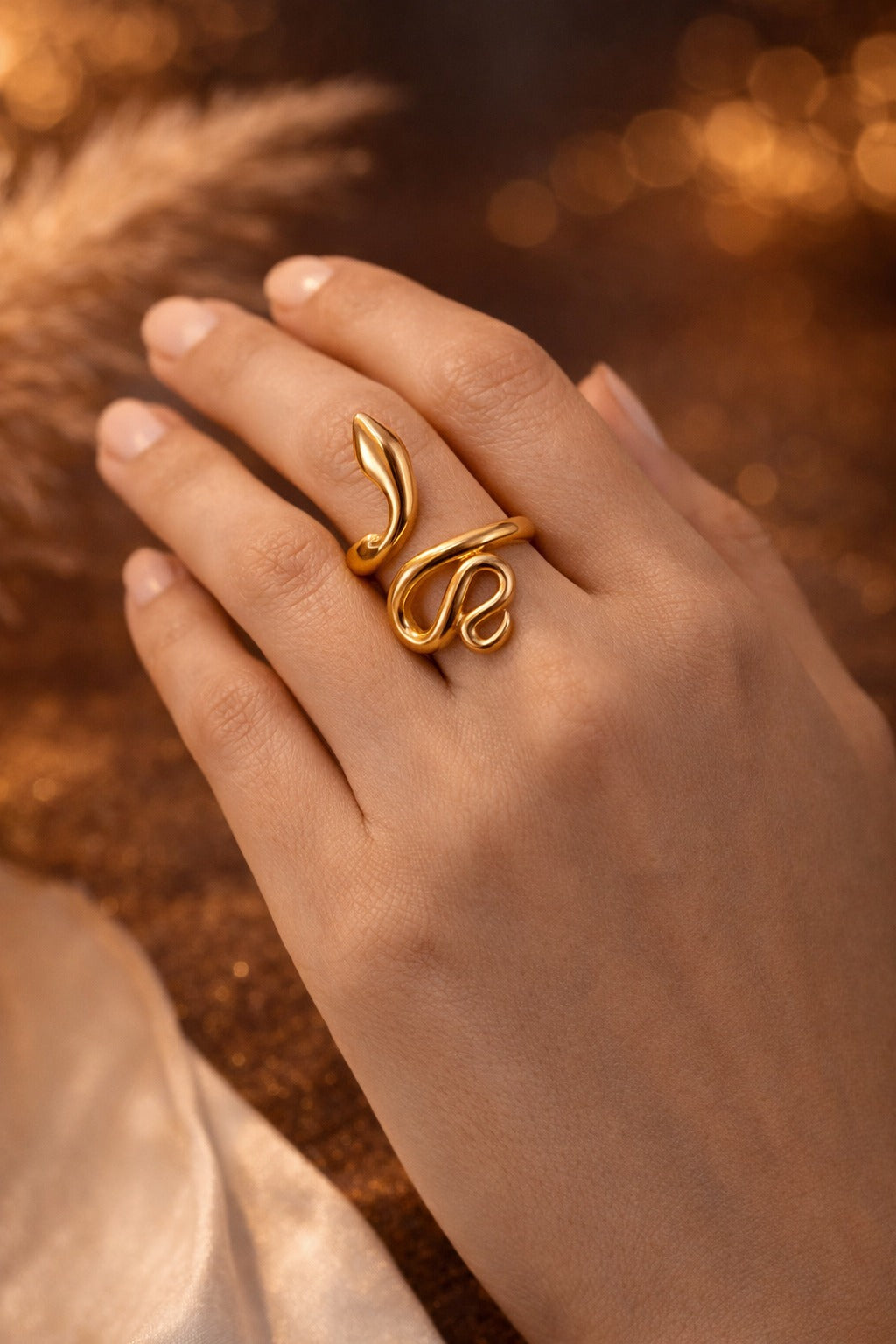 Gold Snake Ring Anti Tarnish | Adjustable Serpent Wrap Ring