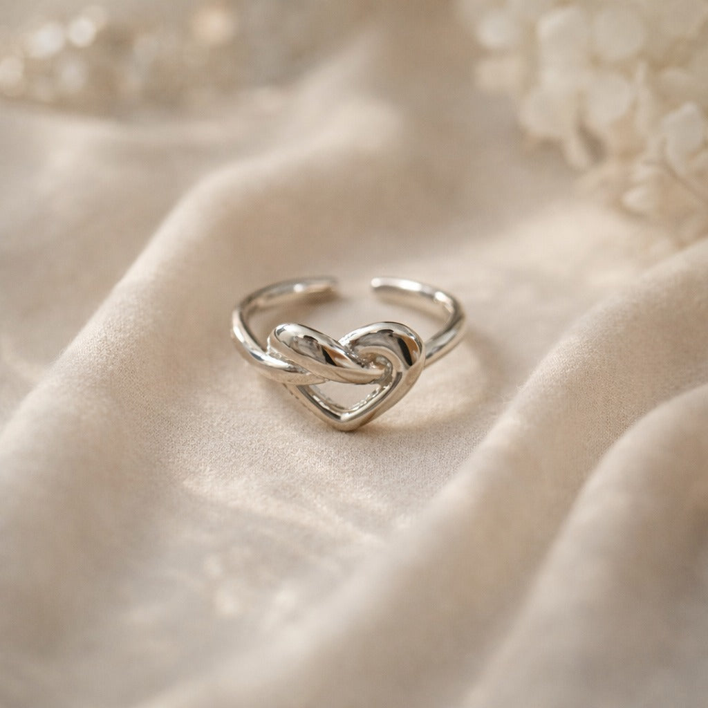 Silver Heart Ring Anti Tarnish | Adjustable Knot Design Women
