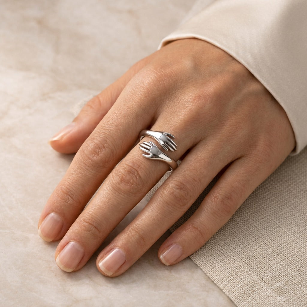 Silver Hug Hands Ring Anti Tarnish | Adjustable Wrap Ring Women