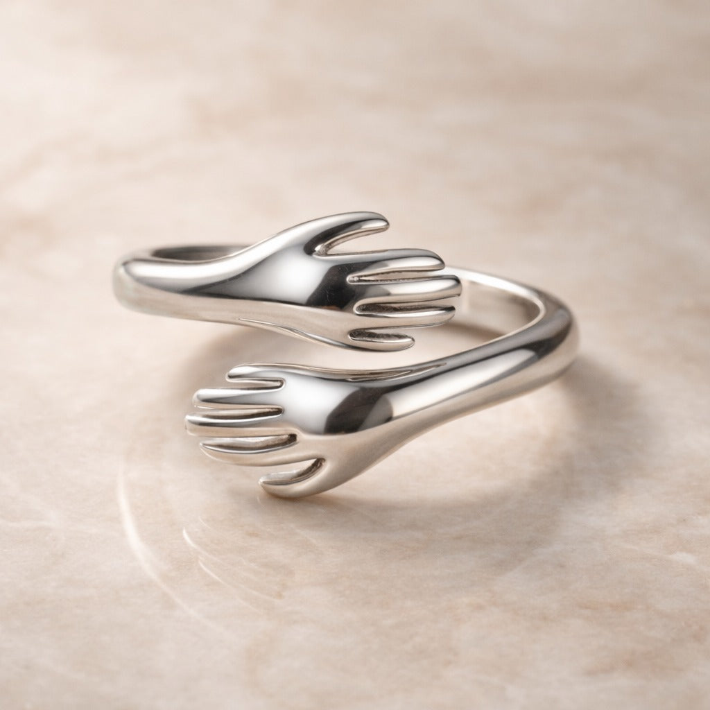 Silver Hug Hands Ring Anti Tarnish | Adjustable Wrap Ring Women