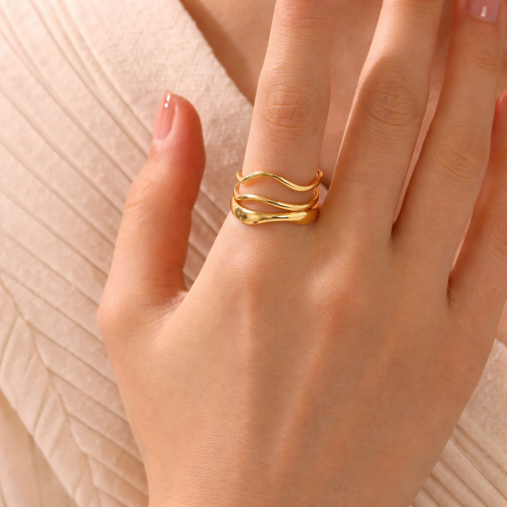 Minimal Layered Gold Ring – Anti Tarnish Stacked Ring for Women