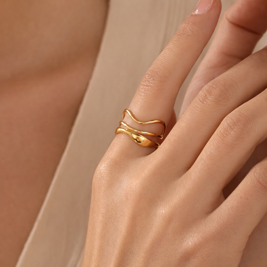 Minimal Layered Gold Ring – Anti Tarnish Stacked Ring for Women