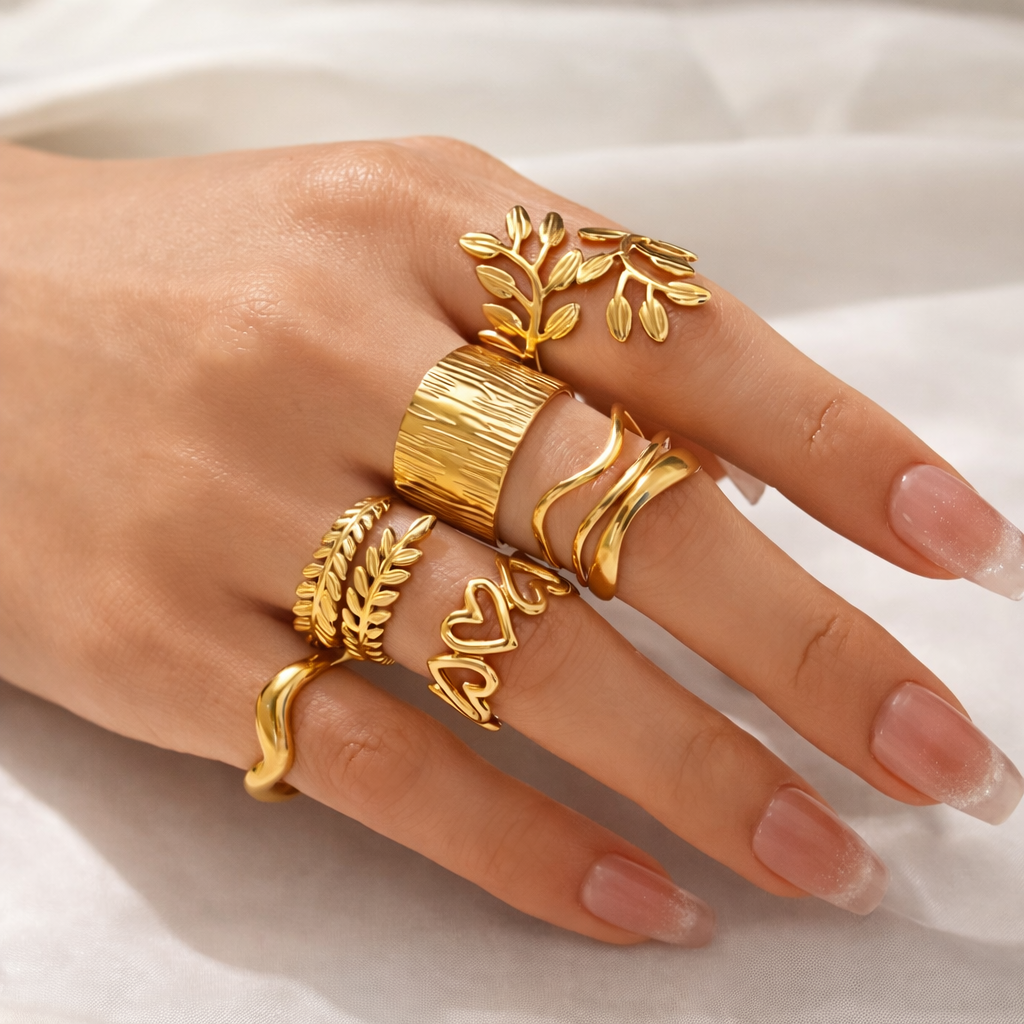 Minimal Layered Gold Ring – Anti Tarnish Stacked Ring for Women