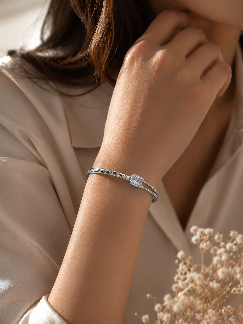 Princess Cut Silver Crystal Bangle – Anti Tarnish Jewelry